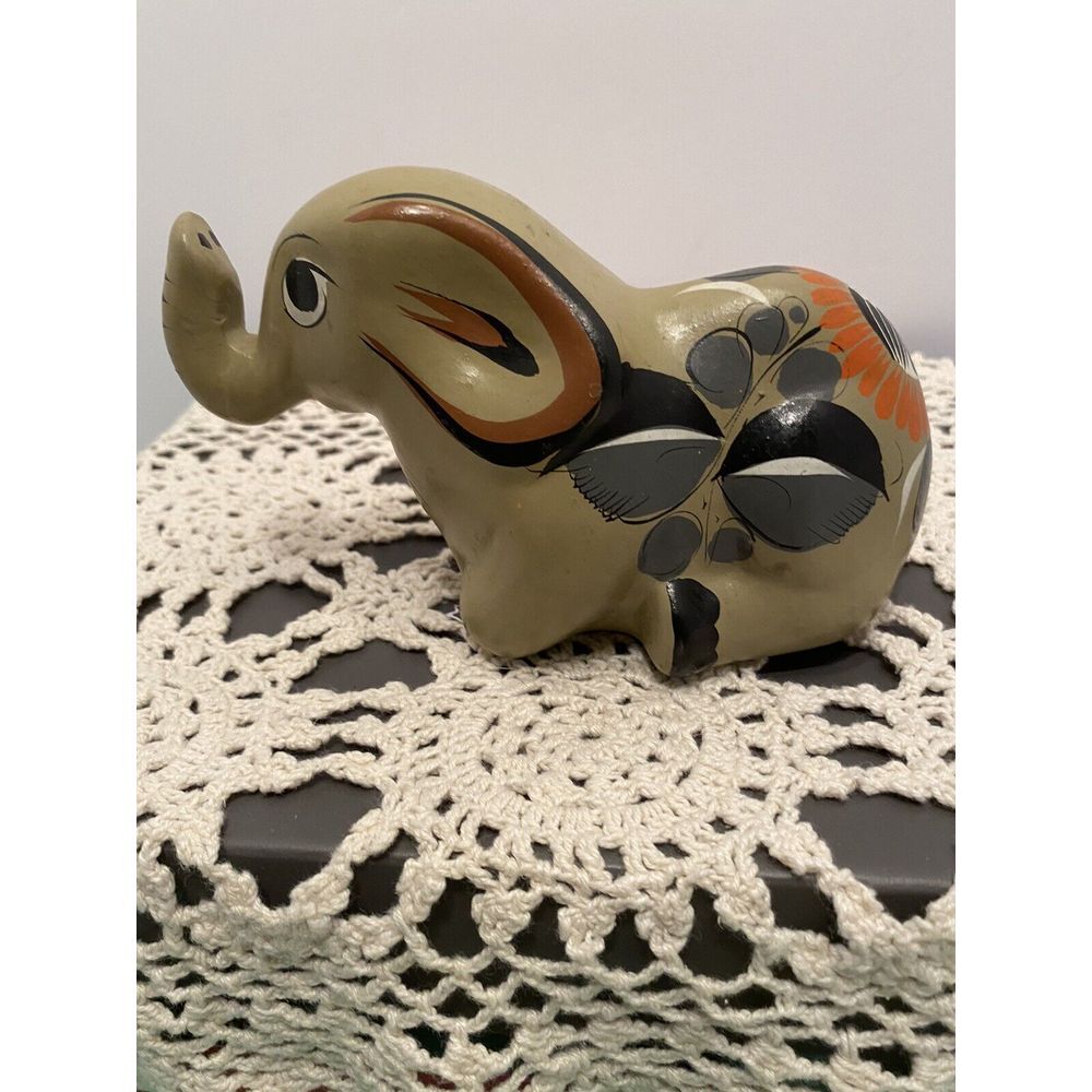 VTG Handpainted Pottery Elephant Figurine 3.5" x 6" Lakpigan Sri Lanka Trunk Up.